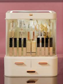 1pc ABS Makeup Storage Box With Mirror , Modern Plain Makeup Storage Box For Home - Pink - View 6