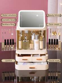 1pc ABS Makeup Storage Box With Mirror , Modern Plain Makeup Storage Box For Home - Pink - View 2