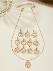 1入組時尚鋅合金星座象徵細節水鑽圓形吊墜項鍊適合女士日常裝飾 - 彩色 - 查看 2