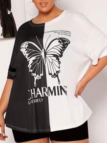 SHEIN CURVE+ Plus Butterfly & Slogan Graphic Two Tone Drop Shoulder Tee - Black and White - View 5