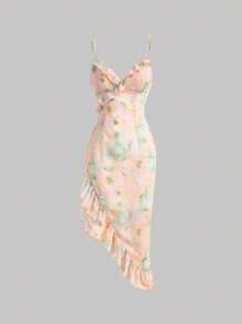 SHEIN MOD Vestido de tirantes con estampado floral ribete con fruncido bajo con fruncido - Multicolor - Ver 1