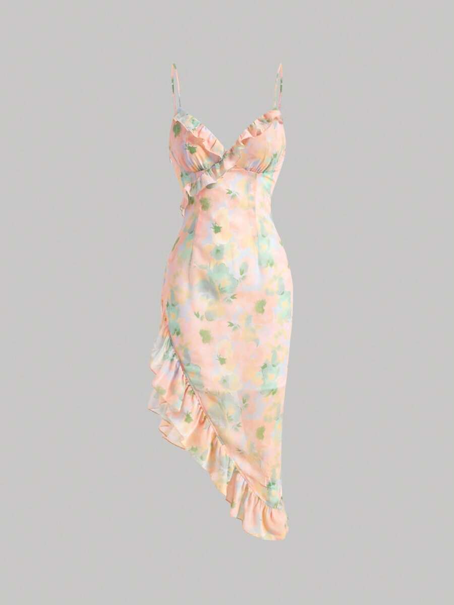 SHEIN MOD Vestido de tirantes con estampado floral ribete con fruncido bajo con fruncido - Multicolor - Ver 1