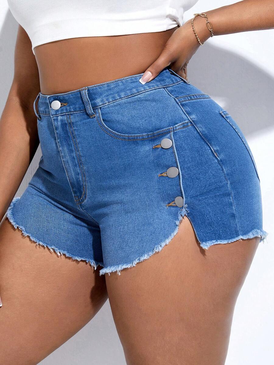 SHEIN SXY Quần short denim oversized Nút Túi Hem thô màu trơn - Rửa nhẹ - Xem 1