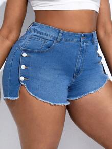 SHEIN SXY Quần short denim oversized Nút Túi Hem thô màu trơn - Rửa nhẹ - Xem 4
