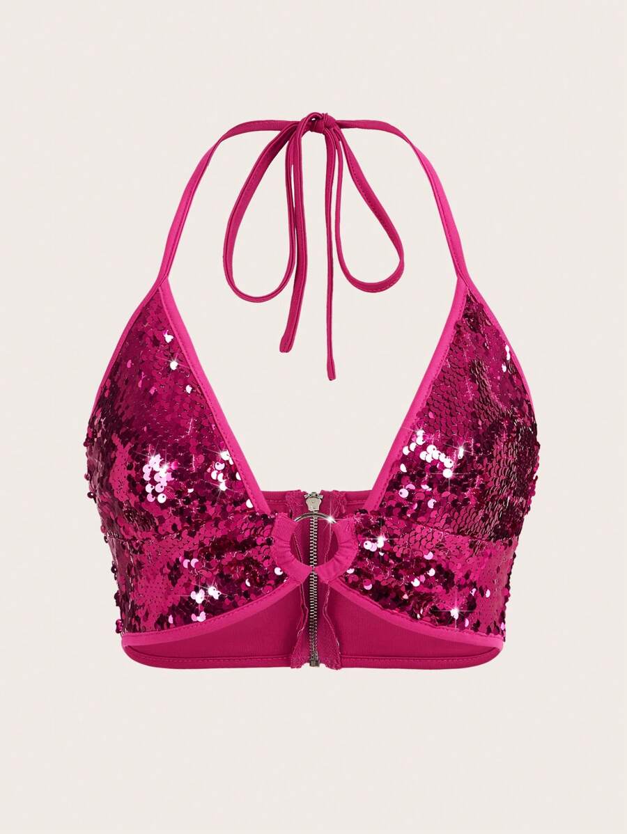 SHEIN ICON O形環細節露背短款亮片掛脖上衣 - 玫紅色 - 查看 1