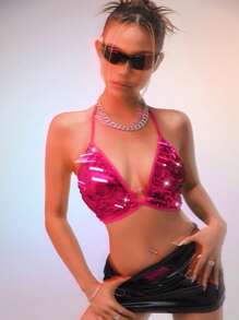 SHEIN ICON O形環細節露背短款亮片掛脖上衣 - 玫紅色 - 查看 2