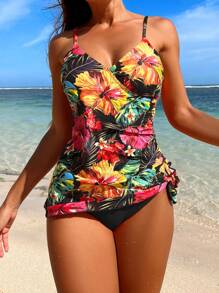 Tropical Print Knot Side Tankini Summer Beach - Black - View 1