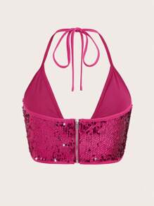 SHEIN ICON O形環細節露背短款亮片掛脖上衣 - 玫紅色 - 查看 3