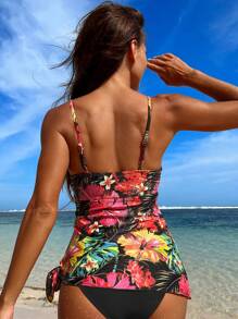 Tropical Print Knot Side Tankini Summer Beach - Black - View 2