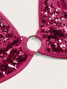 SHEIN ICON O形環細節露背短款亮片掛脖上衣 - 玫紅色 - 查看 5