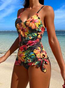 Tropical Print Knot Side Tankini Summer Beach - Black - View 4