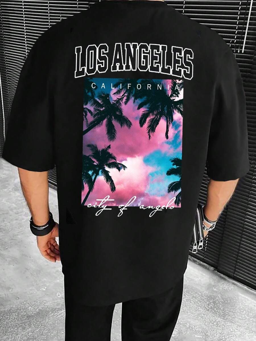 Manfinity RSRT 男士熱帶印花和字母圖案T恤 - 黑色 - 查看 1