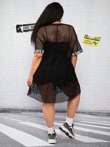 SHEIN CURVE+ 大碼字母織帶漁網網紗連衣裙不附帶吊帶連衣裙 - 黑色 - 查看 2