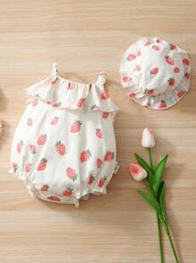 SHEIN Newborn Baby Strawberry Print Ruffle Trim Cami Bodysuit & Hat - Multicolor - View 1