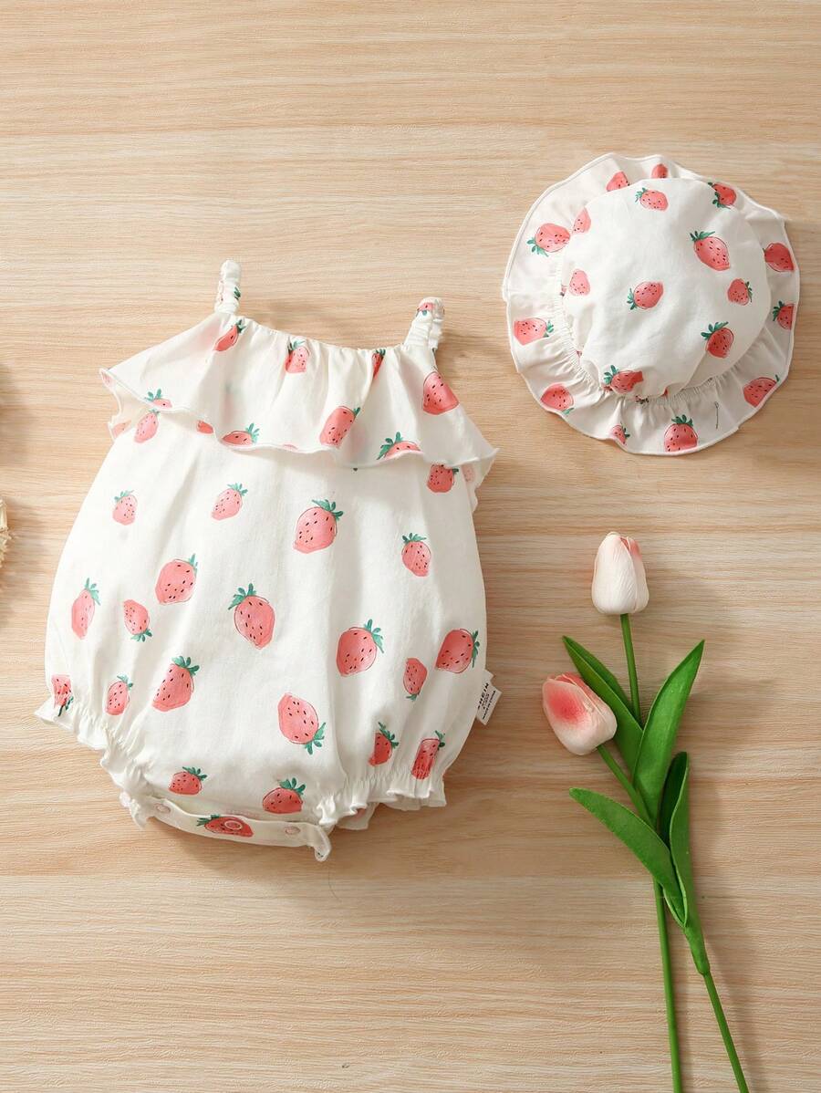 SHEIN Newborn Baby Strawberry Print Ruffle Trim Cami Bodysuit & Hat - Multicolor - View 1
