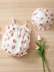 SHEIN Newborn Baby Strawberry Print Ruffle Trim Cami Bodysuit & Hat - Multicolor - View 2