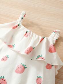SHEIN Newborn Baby Strawberry Print Ruffle Trim Cami Bodysuit & Hat - Multicolor - View 4