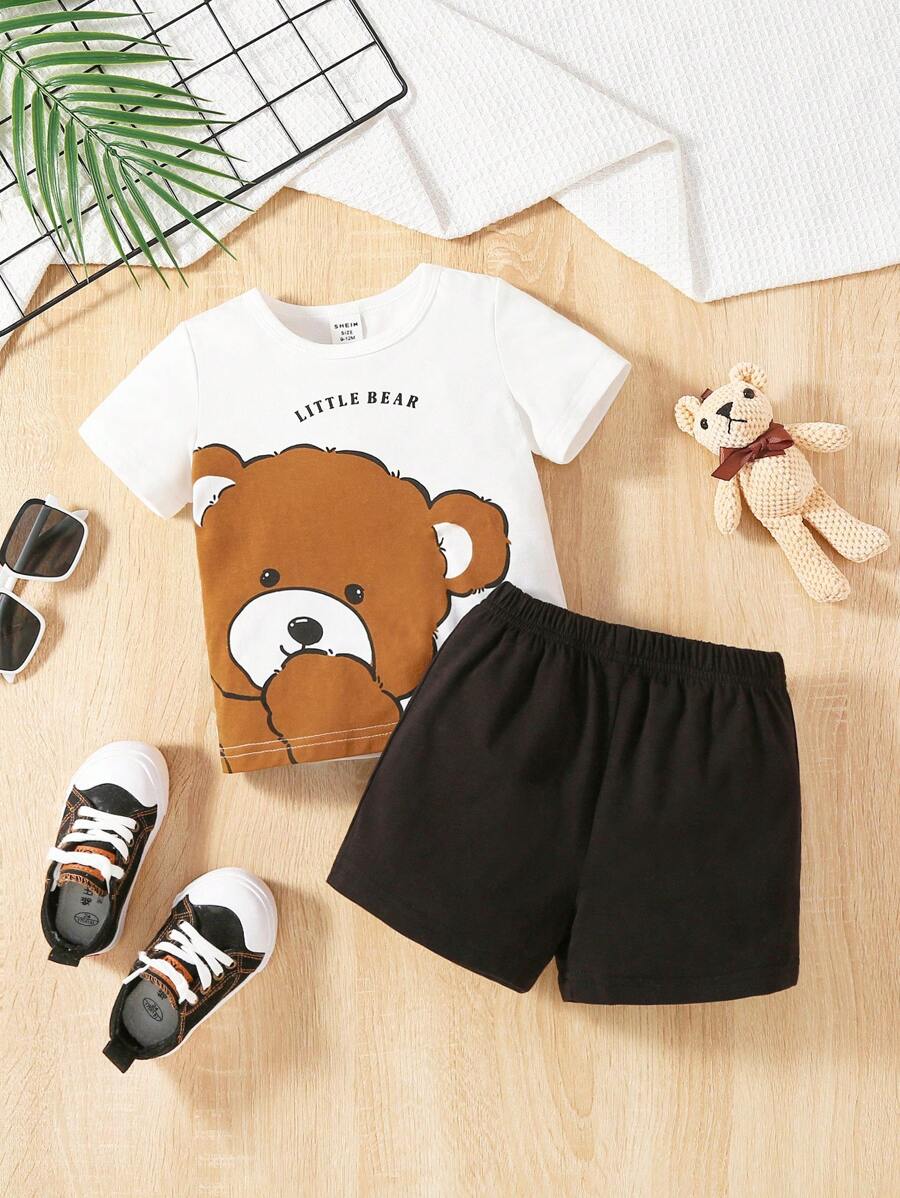 SHEIN 男嬰熊和字母圖案T恤和短褲