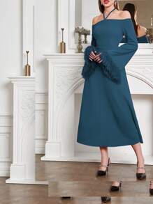 Modelyn Đầm Tương phản lông thú giả Buộc lại màu trơn Thanh lịch - Màu xanh ngọc - Xem 5