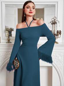 Modelyn Đầm Tương phản lông thú giả Buộc lại màu trơn Thanh lịch - Màu xanh ngọc - Xem 6