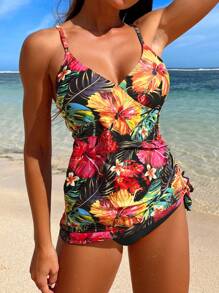 Tropical Print Knot Side Tankini Summer Beach - Black - View 5