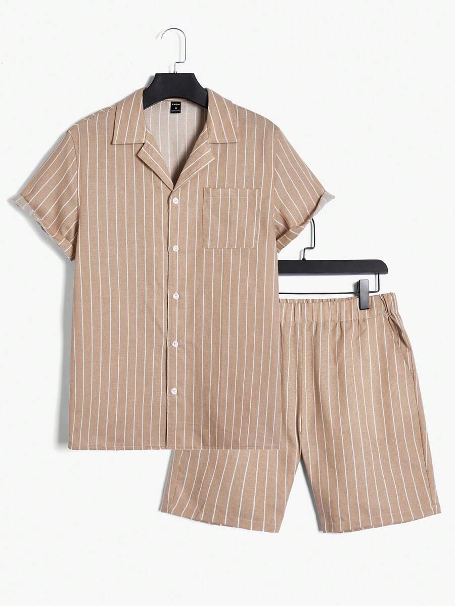 SHEIN Men Striped Print Shirt & Shorts PJ Set - Apricot - View 1
