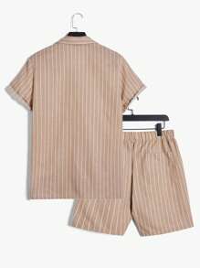 SHEIN Men Striped Print Shirt & Shorts PJ Set - Apricot - View 2