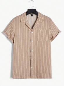 SHEIN Men Striped Print Shirt & Shorts PJ Set - Apricot - View 3