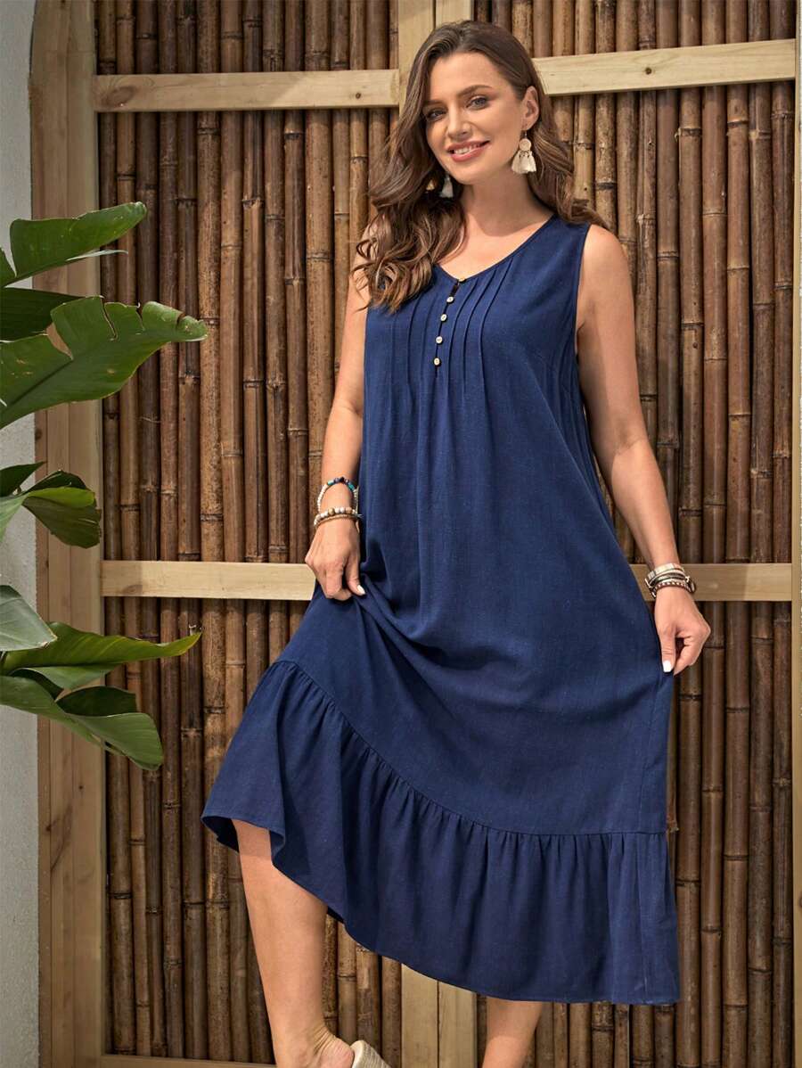 EMERY ROSE 大碼褶皺荷葉邊洋裝 - 藏蓝色 - 查看 1