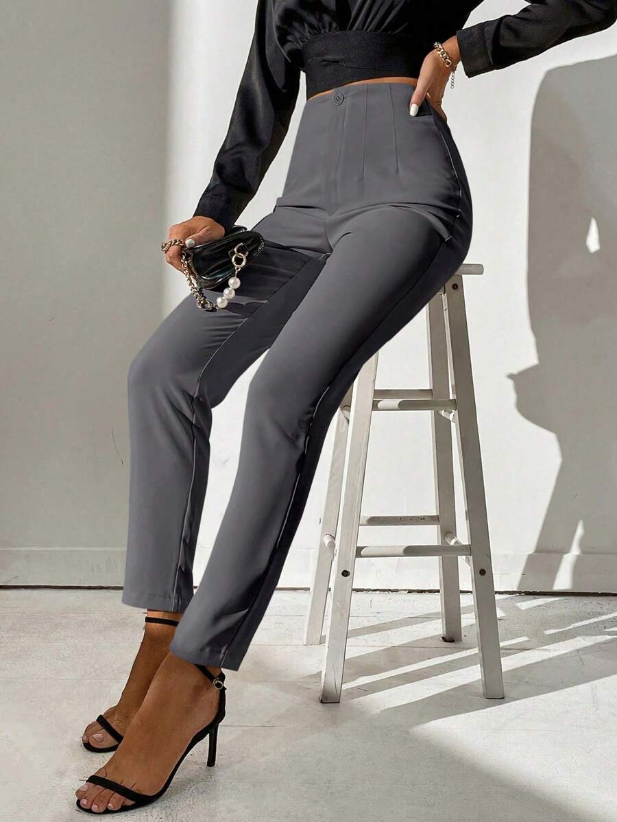 SHEIN Tall High Waist Fold Pleated Detail Trousers - Dark Grey - View 1