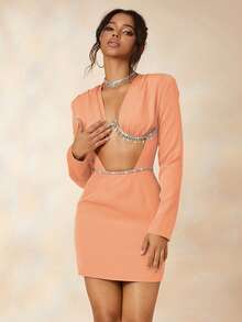 水鑽細節前鏤空連衣裙 - 珊瑚橙 - 查看 4