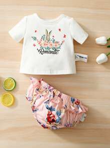 SHEIN New Born Baby Letter & Cartoon Graphic Tee & Floral Print Ruffle Trim Shorts - Multicolor - View 1