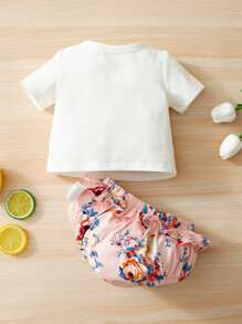 SHEIN New Born Baby Letter & Cartoon Graphic Tee & Floral Print Ruffle Trim Shorts - Multicolor - View 2