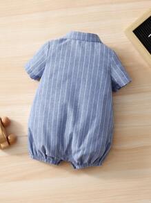 SHEIN Newborn Baby Striped Print Button Front Romper - Blue - View 2