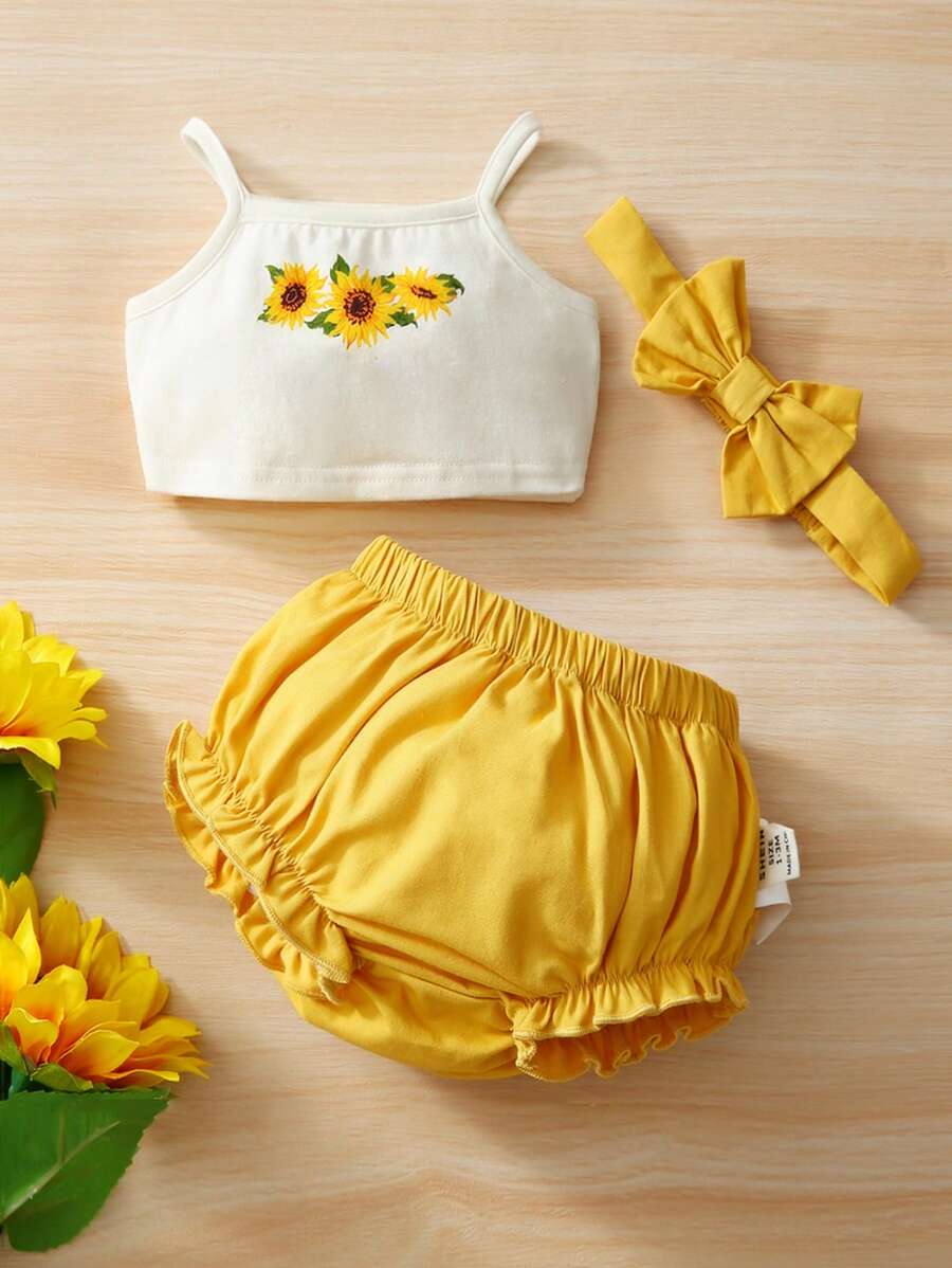 SHEIN 新生兒女嬰太陽花印花背心上衣和短褲和頭帶套裝