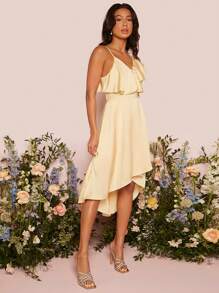 SHEIN Belle 1入組不對稱領荷葉邊高低下擺緞面伴娘連衣裙 - 米色 - 查看 7
