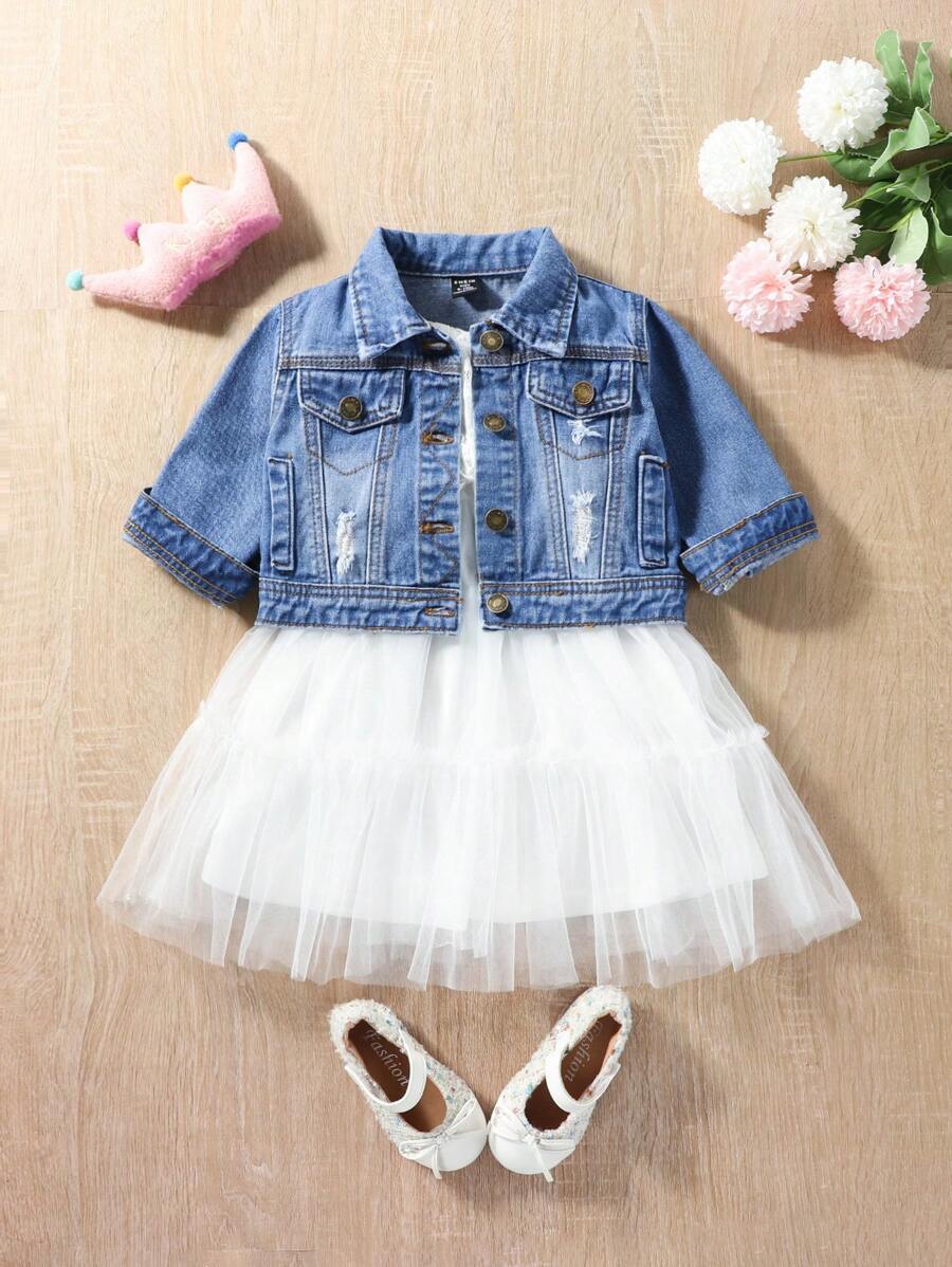 Chaqueta de mezclilla con detalle de solapa deshilachada para bebé niña de 1 pieza