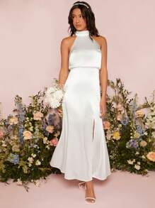 SHEIN Belle Váy cưới Nút Dây kéo Tách cao màu trơn - trắng - Xem 1