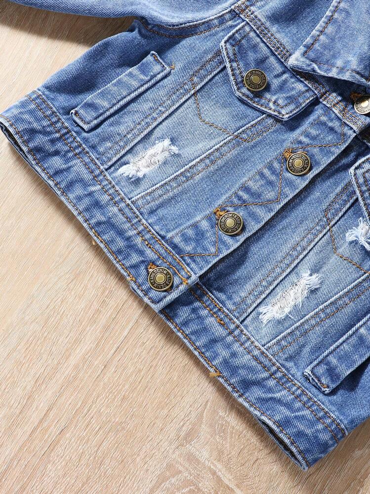 Baby Girl 1pc Ripped Frayed Flap Detail Denim Jacket - Medium Wash - View 4