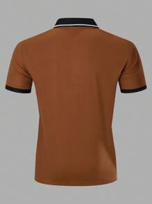 Manfinity Homme Men Wing Print Contrast Trim Polo Shirt , Button Up Collar Color Block Khaki Polo Shirt , Business Casual Boyfriend Gift - Brown - View 2