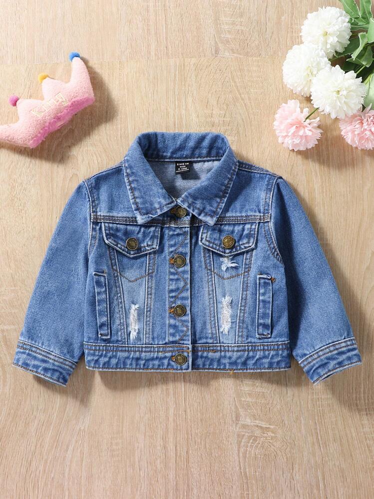 Baby Girl 1pc Ripped Frayed Flap Detail Denim Jacket - Medium Wash - View 5