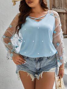 SHEIN LUNE áo nữ kích thước lớn Tương phản Mesh Đề can Hội Chữ thập Hoa Thanh lịch - Màu xanh nhạt - Xem 3