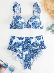 Bañador bikini push up con estampado floral ribete con fruncido - Azul y blanco - Ver 3