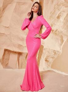 Faeriesty Đầm dạ hội dài tay bồng dáng đuôi cá lấp lánh đính sequin sang trọng dành cho nữ, đầm dự tiệc cưới, lễ tốt nghiệp, tiệc tối, trang phục mùa hè. - Màu Hồng Tươi - Xem 1