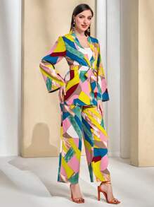 Modelyn Geo Print Belted Coat & Wide Leg Pants - Multicolor - View 4