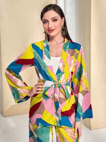 Modelyn Geo Print Belted Coat & Wide Leg Pants - Multicolor - View 5