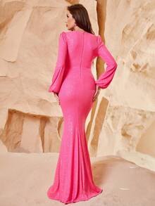 Faeriesty Đầm dạ hội dài tay bồng dáng đuôi cá lấp lánh đính sequin sang trọng dành cho nữ, đầm dự tiệc cưới, lễ tốt nghiệp, tiệc tối, trang phục mùa hè. - Màu Hồng Tươi - Xem 2