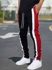 Manfinity Homme Men Loose Contrast Side Seam Drawstring Waist Sweatpants - Black - View 1