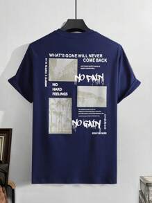 Manfinity Homme 男士椰子树和标语图案 T 恤，适合青少年男孩 romwe>男士 T 恤 - 藏蓝色 - 查看 1