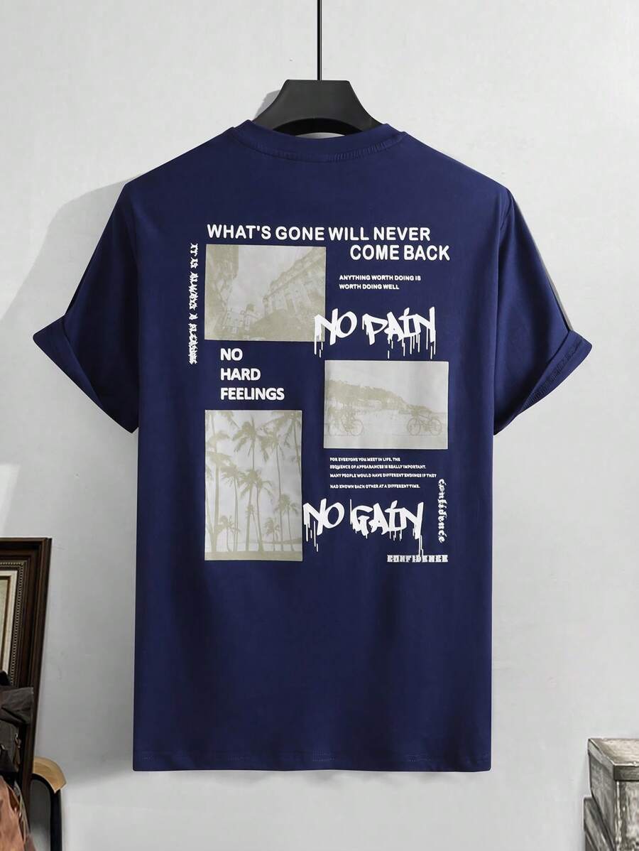 Manfinity Homme 男士椰子树和标语图案 T 恤，适合青少年男孩 romwe>男士 T 恤 - 藏蓝色 - 查看 1